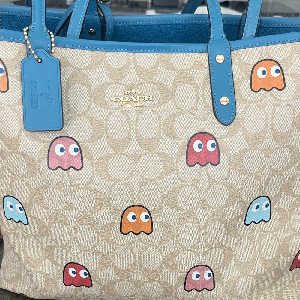 Coach Beige and Blue Tote with PacMan Motif